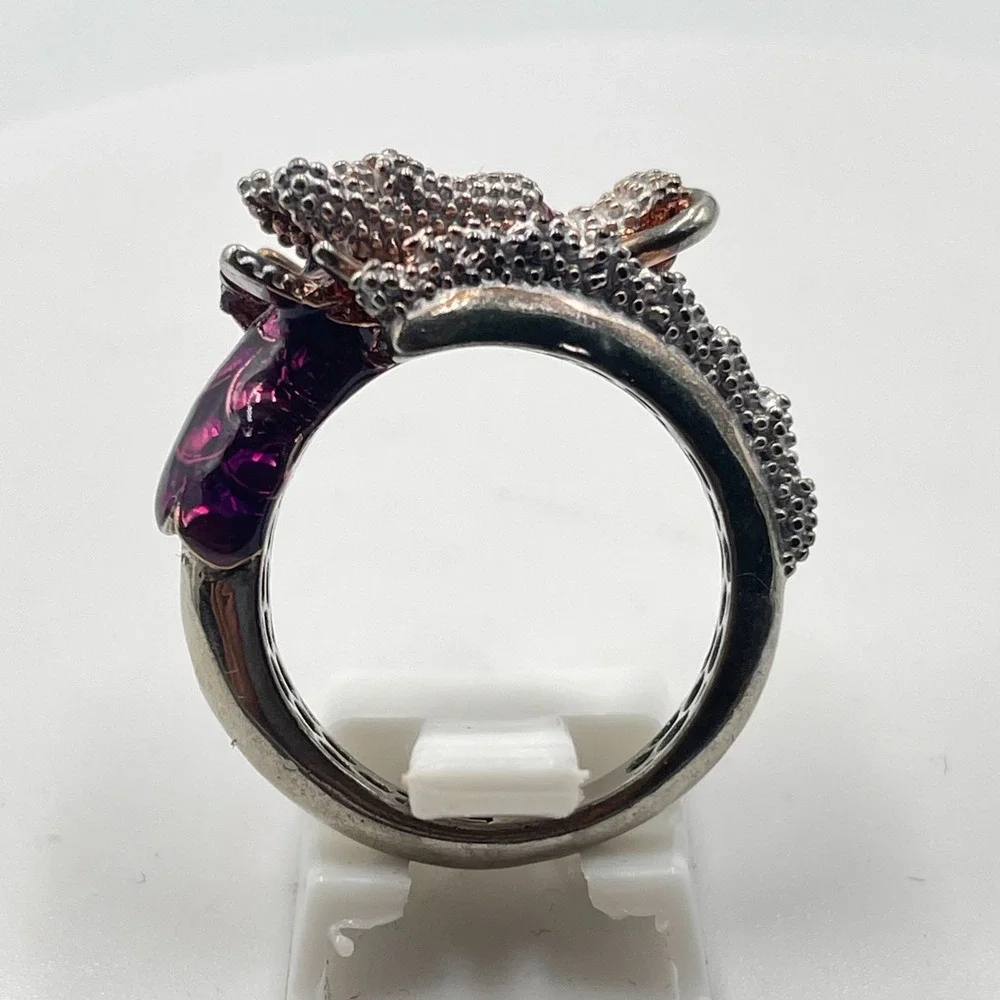 Vintage Silver Tone Textured Dragon Ring Purple Enamel Ruby Red Rhinestone Eyes